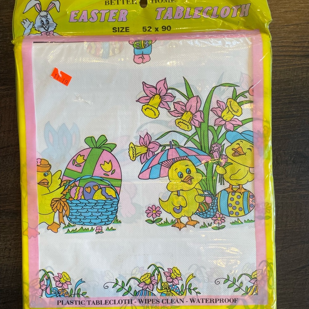 Vintage Plastic Easter Tablecloth Chicks‎ Bunnies Egg Floral 52x90 Retro New